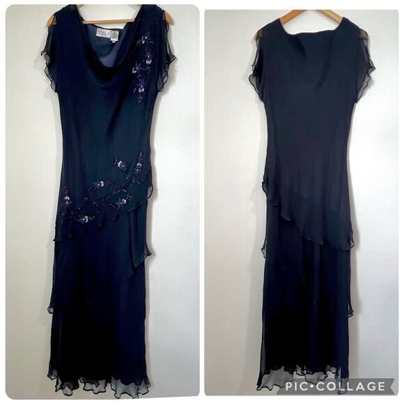 Scala Dresses & Skirts - Scala Silk Floral Beaded Ruffle Tier Maxi Cocktail Dress Navy Blue Women’s XXL